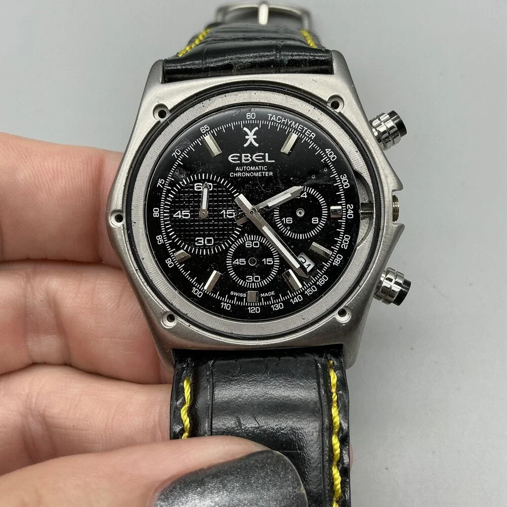 EBEL Mens Watch 42mm Black Dial Leather Chronograph Swiss Automatic For Parts